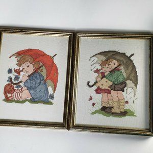Cross Stitch Pictures Rainy Day Umbrella Children Framed 9x11"